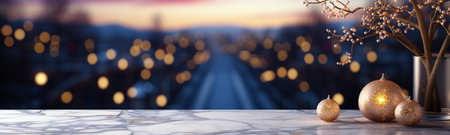 Festive decoration on white marble table with bokeh background.の素材