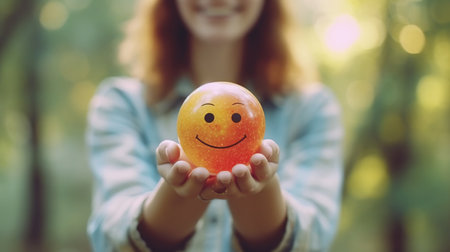 Woman's hands holding a small orange ball with a smiley faceの素材