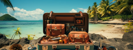 Travel suitcase on a tropical beach with palm trees and turquoise seaの素材