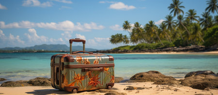 Travel suitcase on a tropical beach with palm trees and turquoise seaの素材