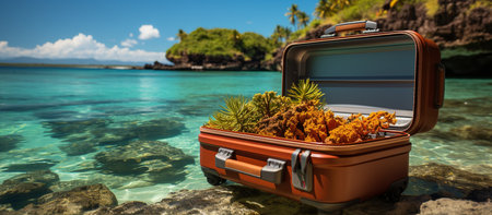 Travel suitcase on a tropical beach with palm trees and turquoise seaの素材