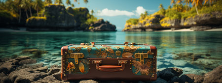 Travel suitcase on a tropical beach with palm trees and turquoise seaの素材