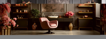 Modern living room interior with pink cherry blossomの素材