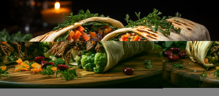 Doner kebab with meat and vegetables on a wooden boardの素材