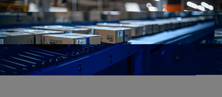 Boxes on conveyor belt in warehouse. Shallow depth of fieldの素材