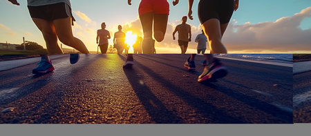 Marathon running race, people feet on seaside trail at sunriseの素材