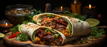 Doner kebab with meat and vegetables on a wooden boardの素材