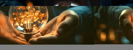 Businessman holding a glowing lightbulb in his hands. The concept of the idea and creativity.の素材