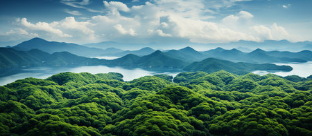 Panoramic view of mountains and river in the valleyの素材