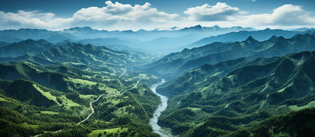 Panoramic view of mountains and river in the valleyの素材