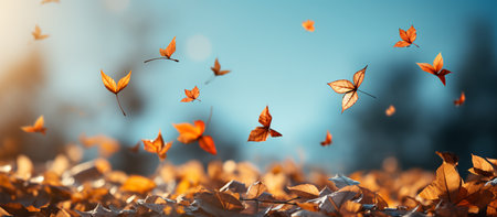 Colorful autumn leaves with bokeh effect on blue sky backgroundの素材