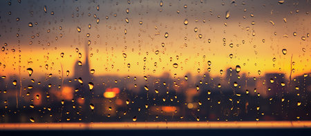 Rain drops on window glass with cityscape on background at sunset.の素材