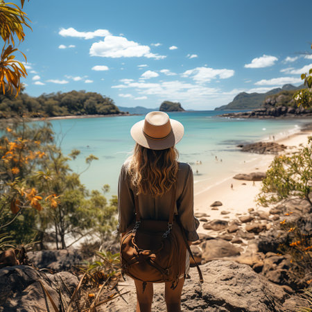 Panorama of a wooden pier with a backpack on the background of a mountain lakeの素材