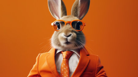 Rabbit dressed in an elegant orange suit, tie and glassesの素材