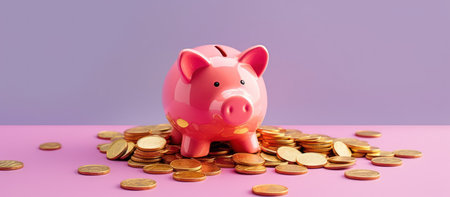 pink pig piggy bank next to a few gold coins,の素材
