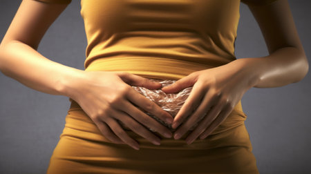 Young woman with stomach painの素材