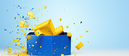blue geometric pedestal podium with gift boxes with bowの素材