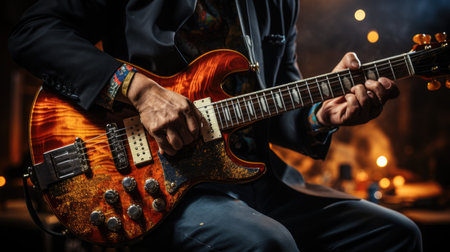 a musician playing the electric guitar during a concertの素材