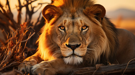 A male lion is sitting on the rockの素材