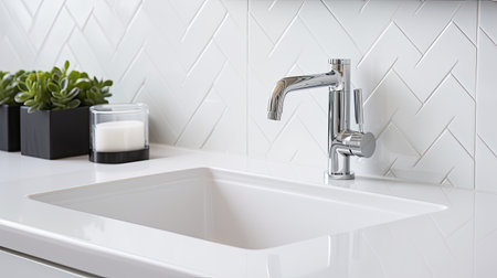 stainless steel tap on a white ceramic hand basinの素材