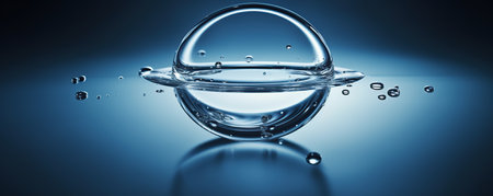 Water drop with droplet and rings on surface bluish backgroundの素材
