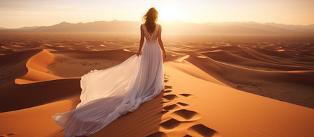 Woman in amazing silk wedding dress with fantastic view of Sahara desert sand dunes in sunset light.の素材