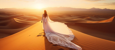 Woman in amazing silk wedding dress with fantastic view of Sahara desert sand dunes in sunset light.の素材