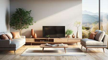 Elegant and spacious open concept interior rooms new construction with concrete floors and televisionの素材
