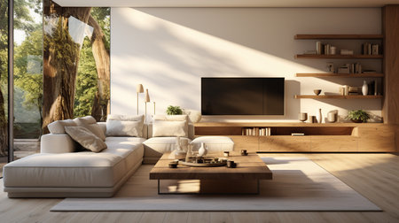 Elegant and spacious open concept interior rooms new construction with concrete floors and televisionの素材