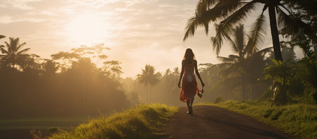 Young beautiful woman walking on Campuhan Ridge wayの素材