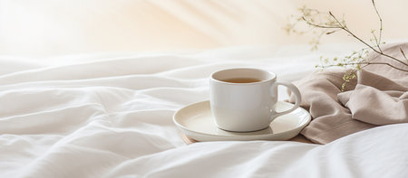 Cup of fresh coffee in bed, morning mood. Linen cotton textile bedclothes.の素材