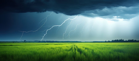 Thunderstorm with lightning in green meadow.の素材