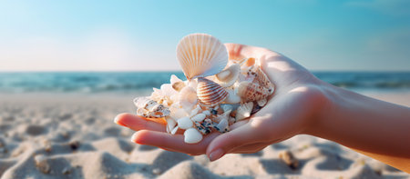 One hand holding beautiful shells, in the other - plastic waste. Environmental pollution problem.の素材