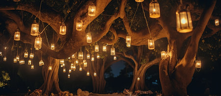 Night wedding ceremony with a lot of lights, candles, lanternsの素材