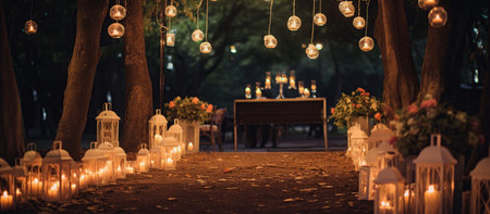 Night wedding ceremony with a lot of lights, candles, lanternsの素材