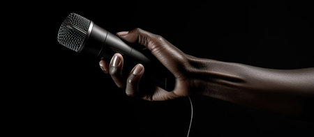 hand holding a microphone close up with black and whiteの素材