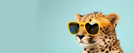 cheetah in sunglass shade glass with copy spaceの素材