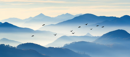 Silhouettes of mountains in the mist and bird flying in warm toningの素材