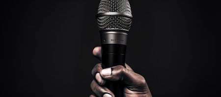 hand holding a microphone close up with black and whiteの素材