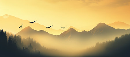 Silhouettes of mountains in the mist and bird flying in warm toningの素材