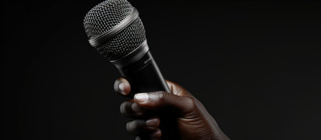 hand holding a microphone close up with black and whiteの素材