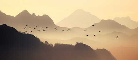 Silhouettes of mountains in the mist and bird flying in warm toningの素材
