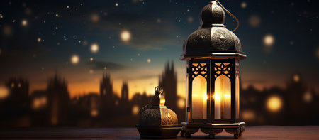 Ornamental Arabic Lantern With Burning Candle Glowing At Eveningの素材