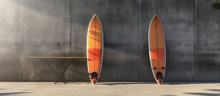 Rack with two surf boards on gray concrete background with beautiful day sun lightの素材