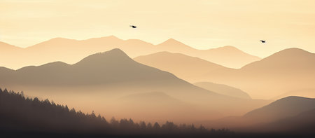 Silhouettes of mountains in the mist and bird flying in warm toningの素材