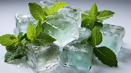 Natural crystal clear melting ice cubes and fresh green mint leavesの素材