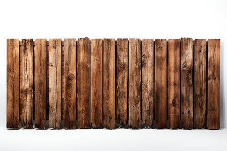 Brown wooden fence isolated on white background with parallel plank oldの素材