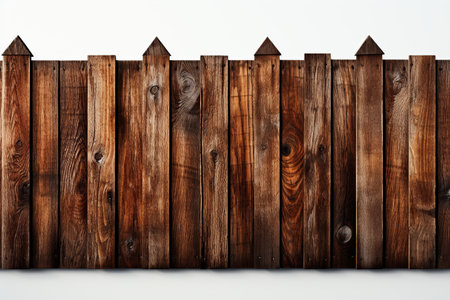 Brown wooden fence isolated on white background with parallel plank oldの素材