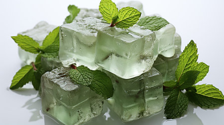 Natural crystal clear melting ice cubes and fresh green mint leavesの素材
