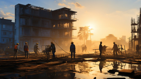 Silhouette engineer standing orders for construction crews to work on high ground heavy industryの素材